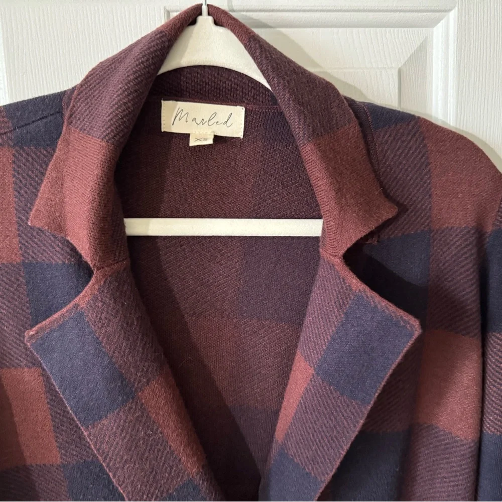 Marled Blazer, XS, Navy & Rust Large Checks, Double Breasted and Collared, NWOT - Picture 2 of 6